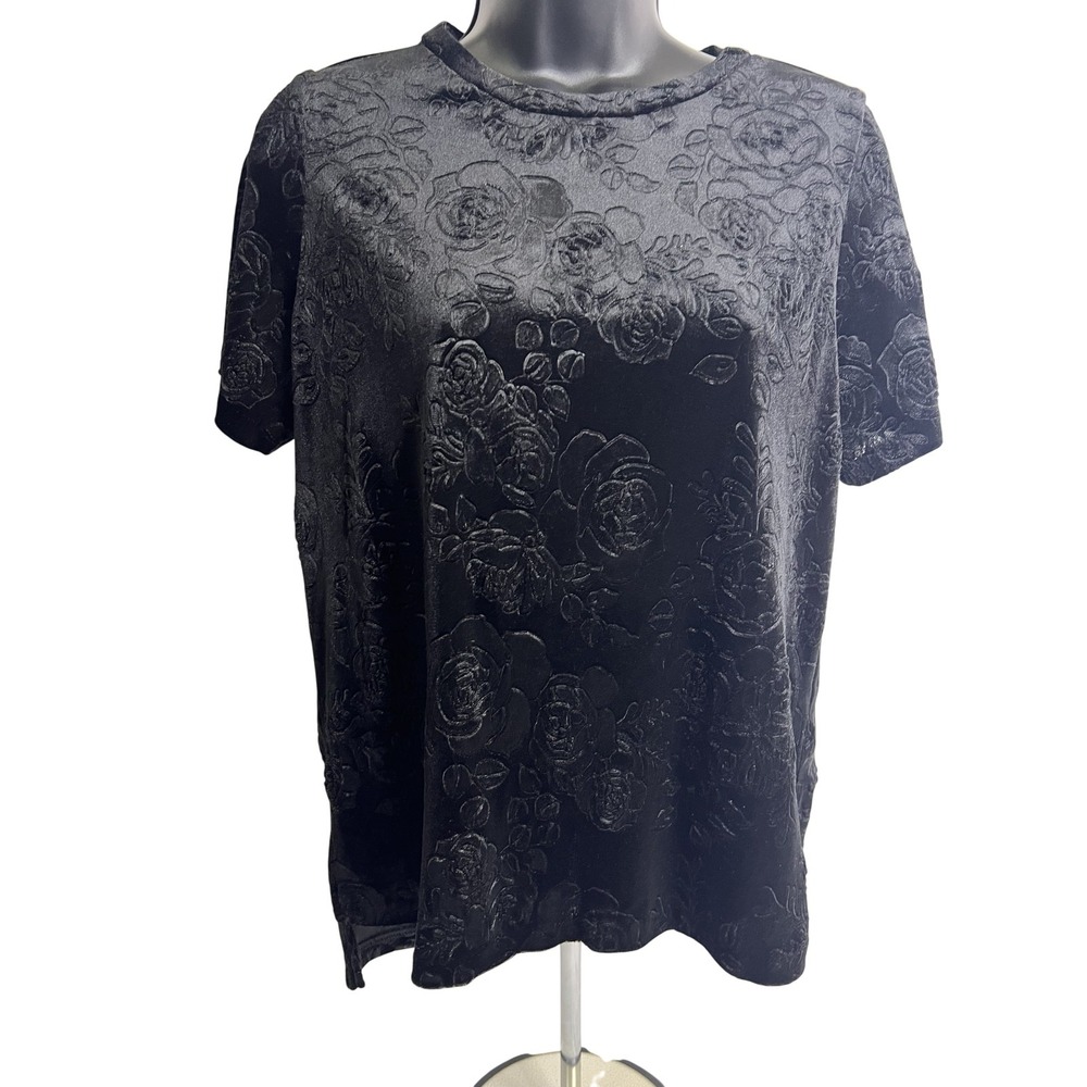 Aqua Shirt Womens Small Black Velvet Burnout Floral Short Sleeve Top Style 16033